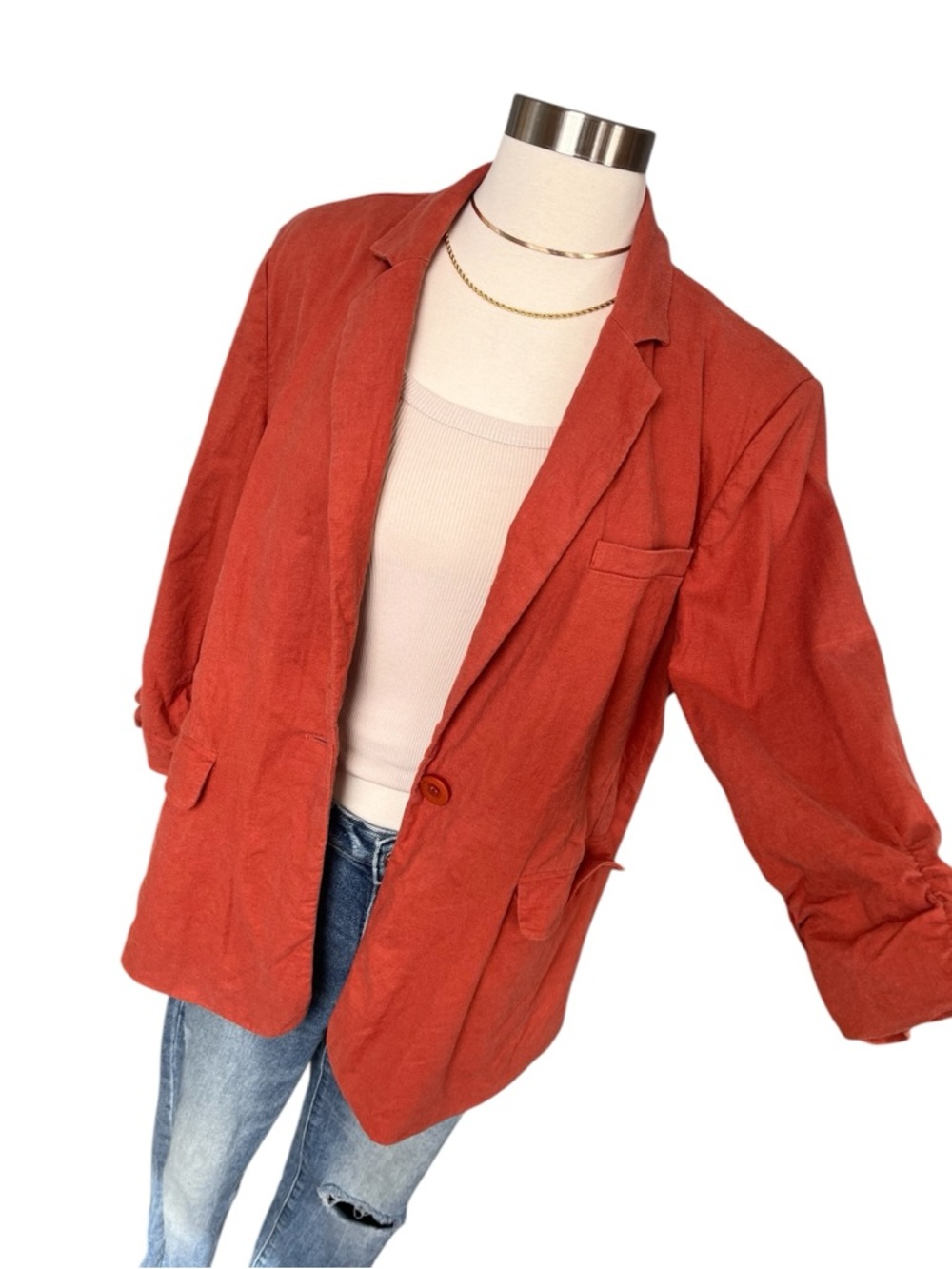 Vintage 90s linen blend terracotta single breasted blazer lined 3/4 sleeves 16